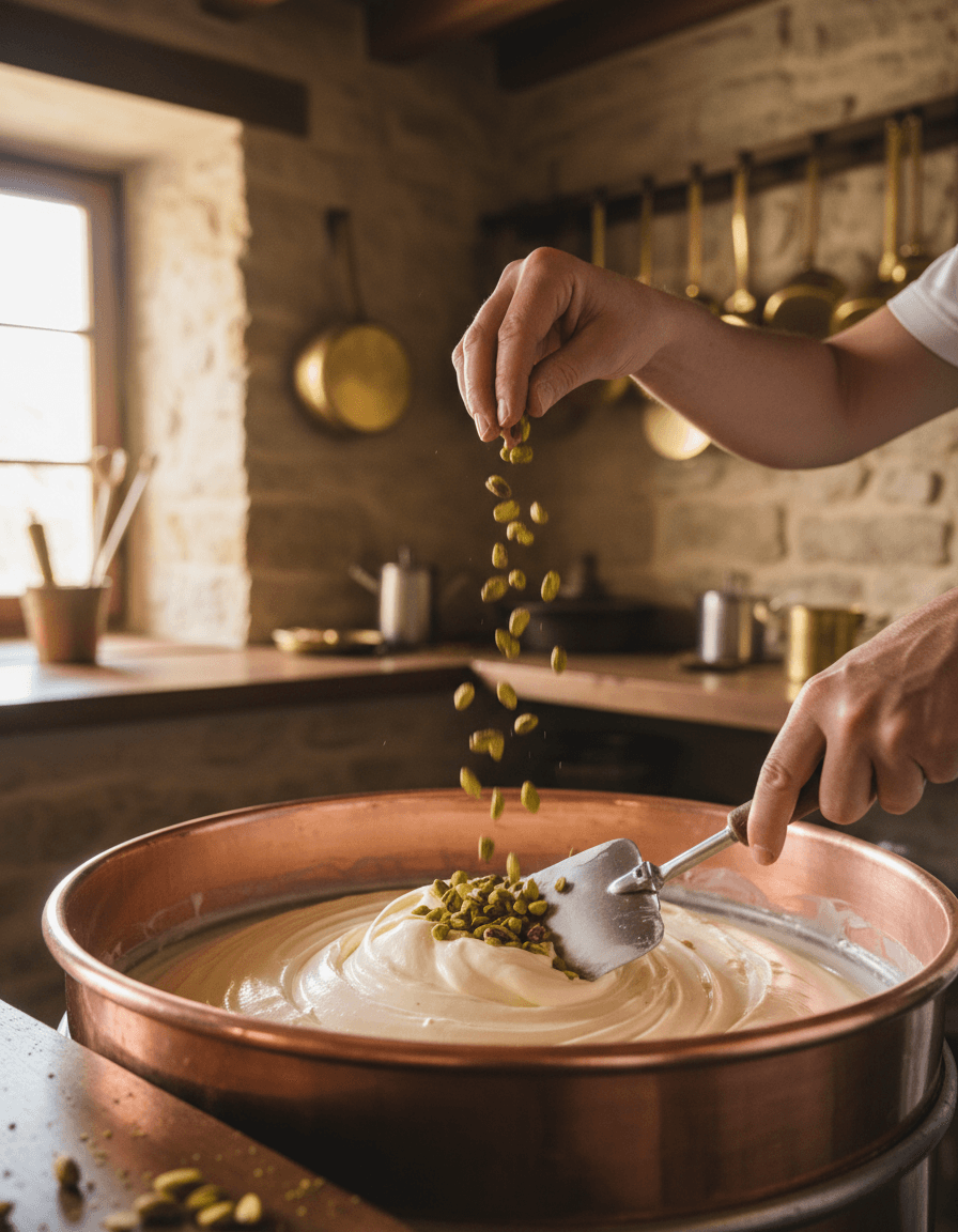 Bakır kazanda fıstıkla dondurma hazırlayan usta